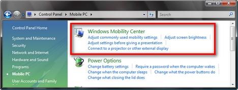 Windows Mobility Center