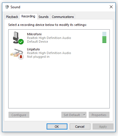 Green Bars in Recording devices Windows 10