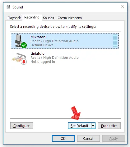 Microphone Set Default in Windows 10